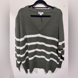 Ava & Viv Olive Green and White Striped V-Neck Sweater